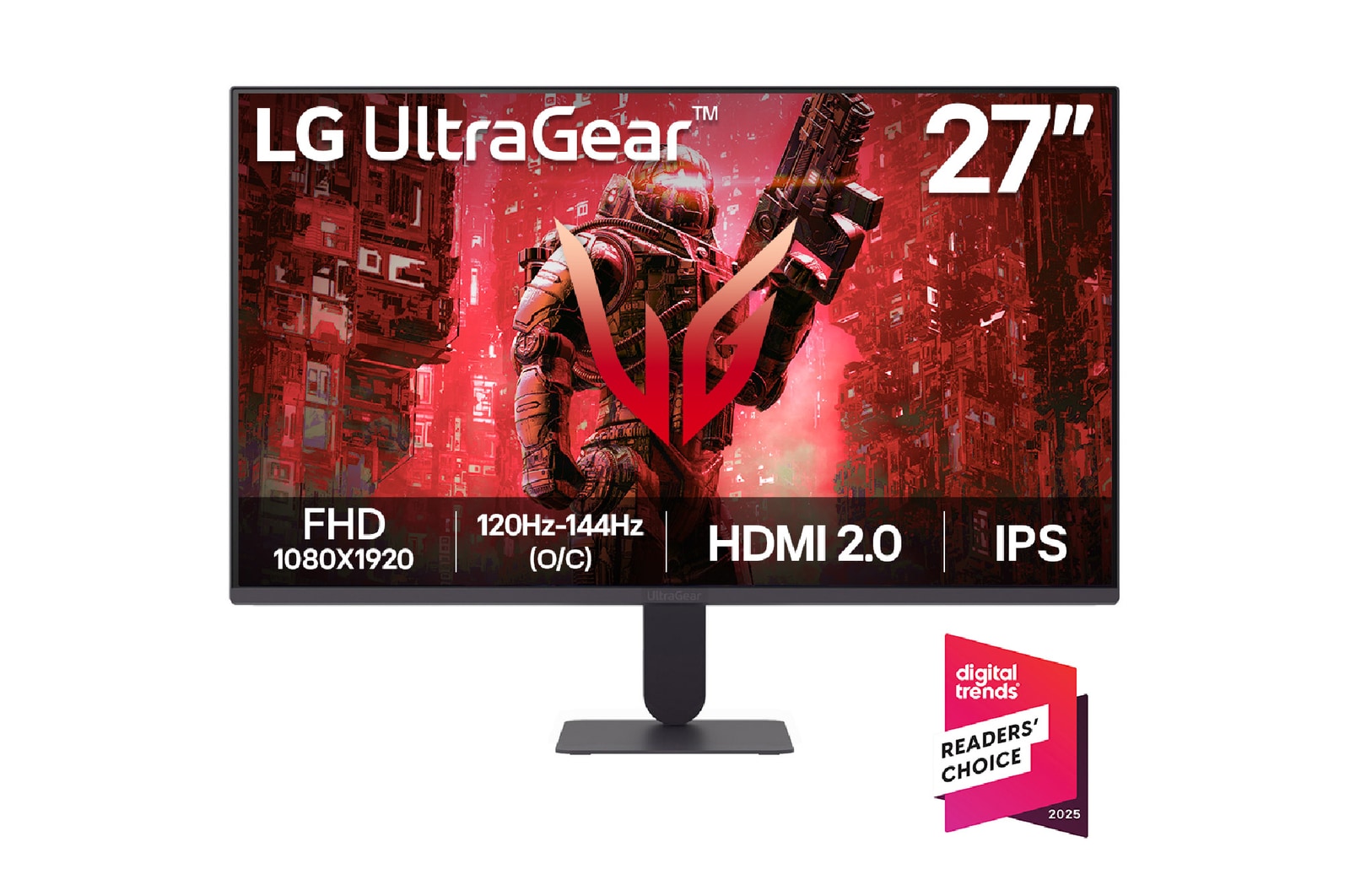 Vista frontal de Monitor LG UltraGear G4 de 27" FHD IPS con 144Hz (O/C) y NVIDIA G-SYNC Compatible 27G411A-B